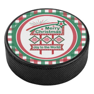 Merry Christmas Retro Marquee – Joy to the World Hockey Puck