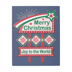 Merry Christmas Retro Marquee – Joy to the World Metal Print