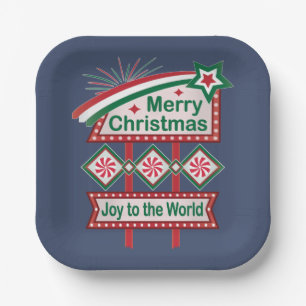 Merry Christmas Retro Marquee – Joy to the World Paper Plates