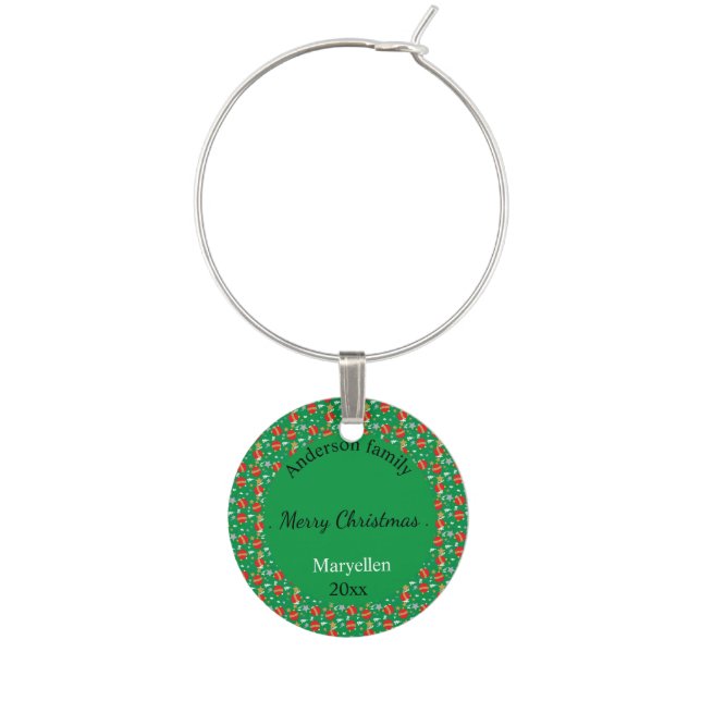 Merry Christmas retro name and date place Wine Charm (Front)