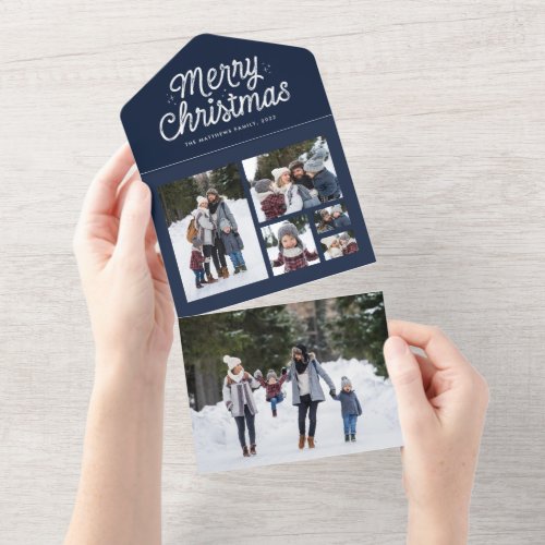 Merry Christmas retro navy six photo collage All In One Invitation