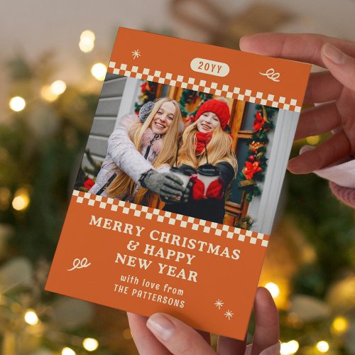 Merry Christmas Retro Orange Photo Personalized Holiday Card