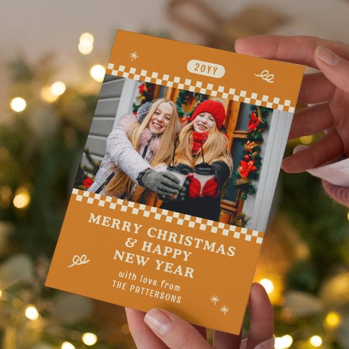 Merry Christmas Retro Orange Photo Personalized Holiday Card