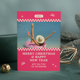 Merry Christmas Retro Pink Photo Personalized