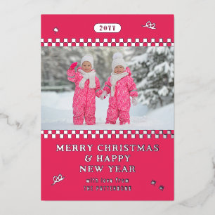 Merry Christmas Retro Pink Photo Personalized Foil Holiday Card