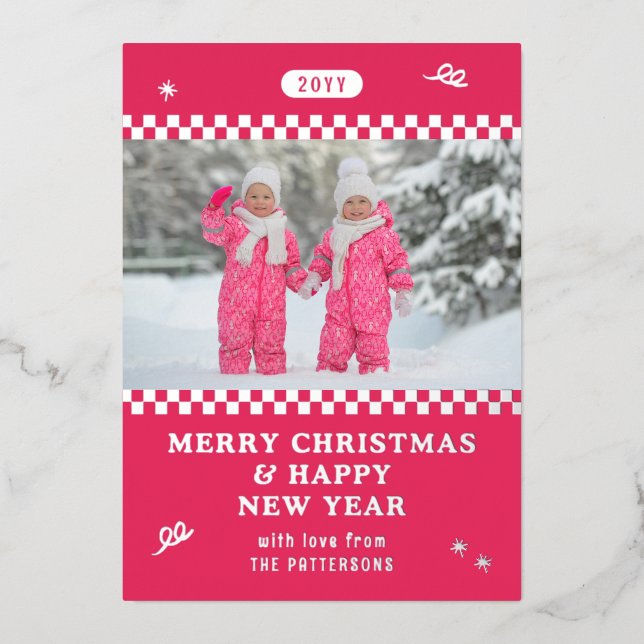 Merry Christmas Retro Pink Photo Personalized Foil Holiday Card (Front)