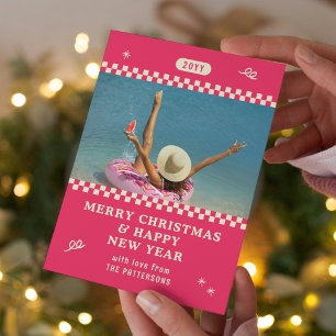 Merry Christmas Retro Pink Photo Personalized Holiday Card
