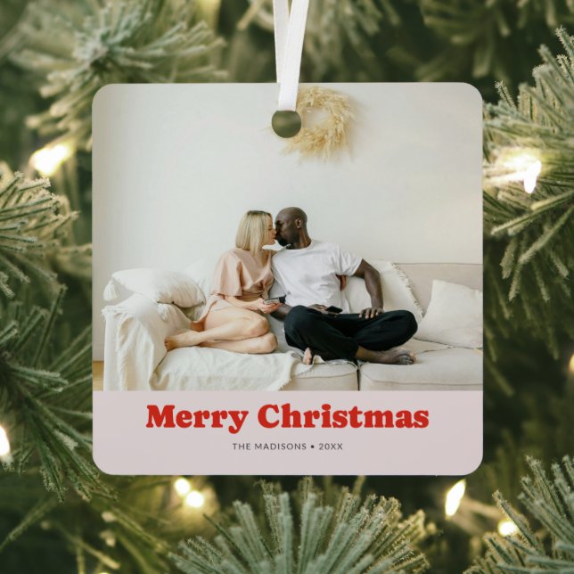 Merry Christmas Retro Playful Serif Photo Metal Ornament (Insitu)