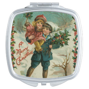 Merry Christmas - retro postcard, children, holly Compact Mirror