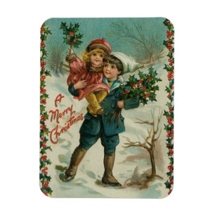 Merry Christmas - retro postcard, children, holly Magnet