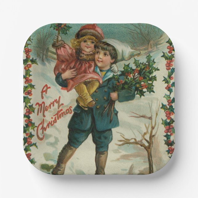 Merry Christmas - retro postcard, children, holly Paper Plates (Front)