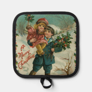 Merry Christmas - retro postcard, children, holly Pot Holder