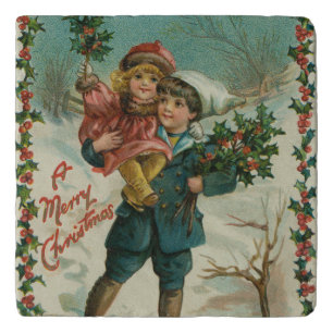Merry Christmas - retro postcard, children, holly Trivet