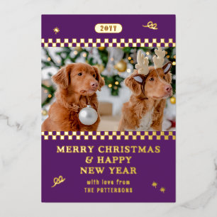Merry Christmas Retro Purple Photo Personalized Foil Holiday Card