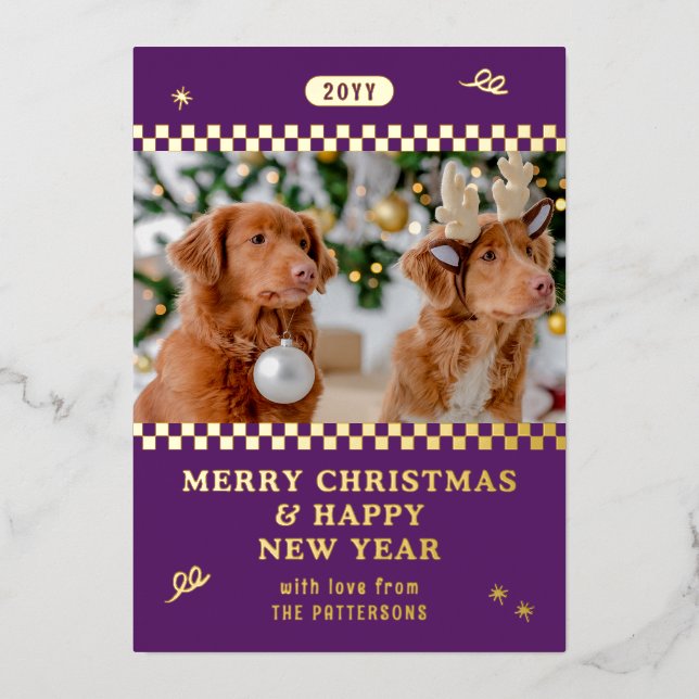 Merry Christmas Retro Purple Photo Personalized Foil Holiday Card (Front)