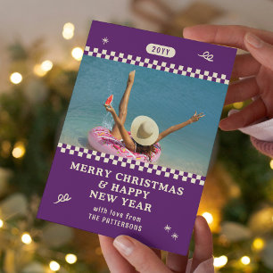 Merry Christmas Retro Purple Photo Personalized Holiday Card