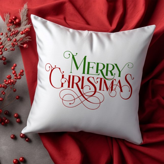 Merry Christmas Retro Red and Green Typography Throw Pillow (Creator Uploaded)