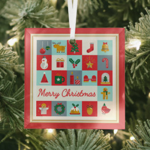 Merry Christmas Retro Red Aqua Icon Checkerboard Glass Ornament