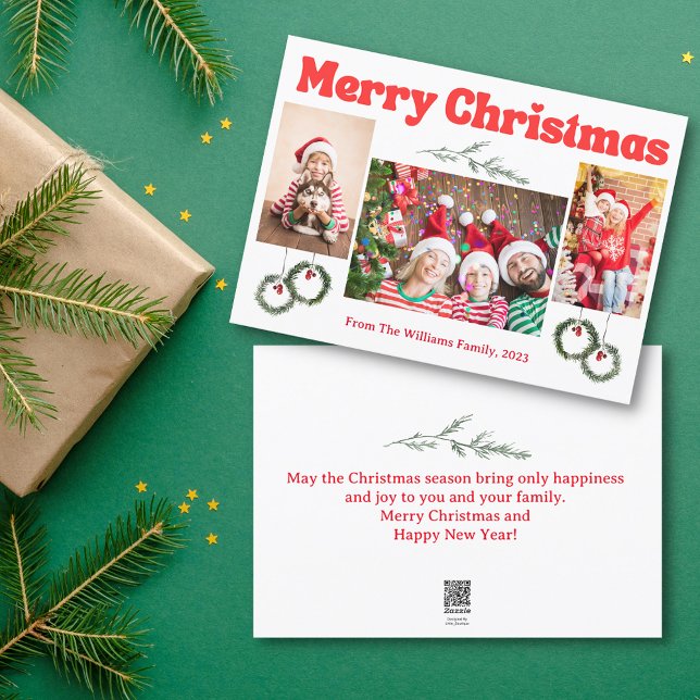 merry christmas retro red calligraphy 3 photos  holiday card (Creator Uploaded)