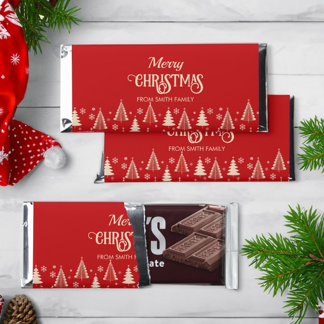 Merry Christmas retro red gold party favors Hershey Bar Favors (Merry Christmas retro red gold minimalist party favors personalized Hershey Bar Favors pine trees)