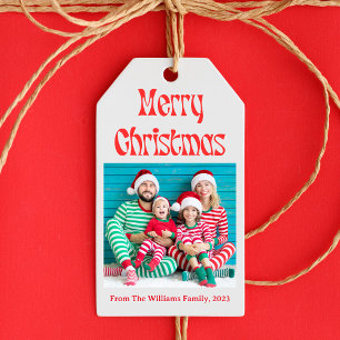 merry christmas retro red script holiday photo  gift tags