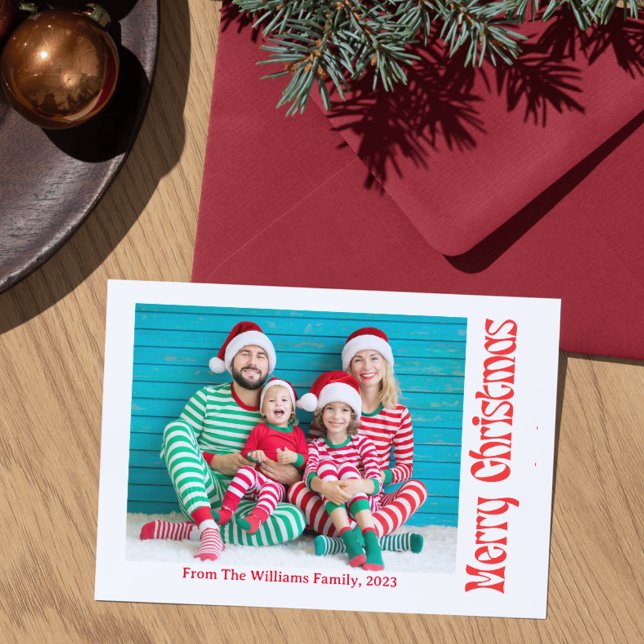 merry christmas retro red script holiday photo  note card (Creator Uploaded)