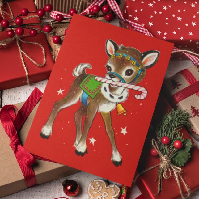 Merry Christmas | Retro Reindeer Candy Cane Holiday Postcard (Creator Uploaded)