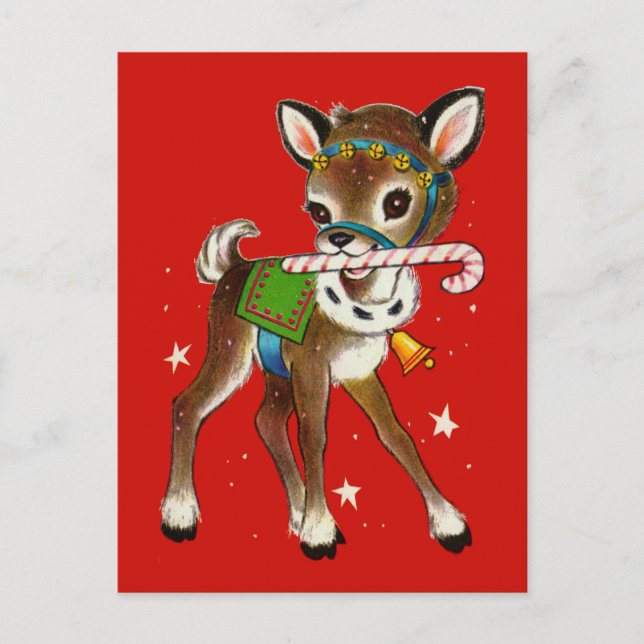 Merry Christmas | Retro Reindeer Candy Cane Postcard (Front)