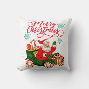 Merry Christmas Retro Santa Claus in Candy Car Throw Pillow