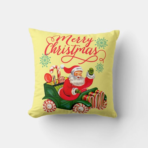 Merry Christmas Retro Santa Claus in Candy Car Throw Pillow