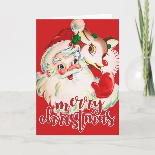 Merry Christmas  Retro Santa Claus  Rudolf Holiday Card