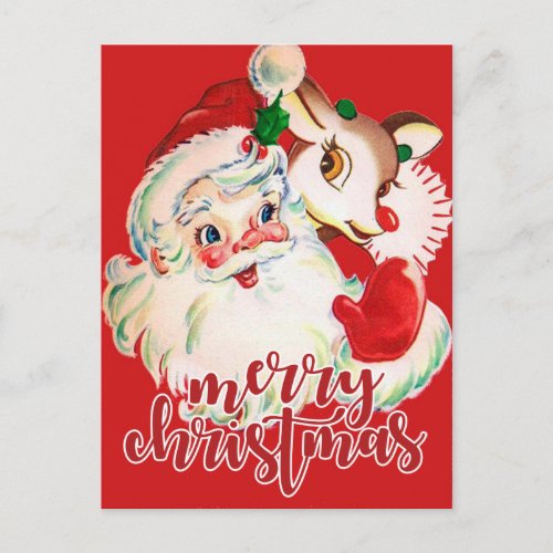 Merry Christmas  Retro Santa Claus  Rudolf Holiday Postcard
