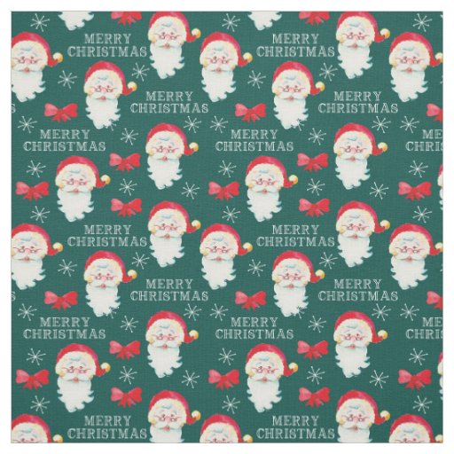 Merry Christmas Retro Santa Claus Teal Fabric