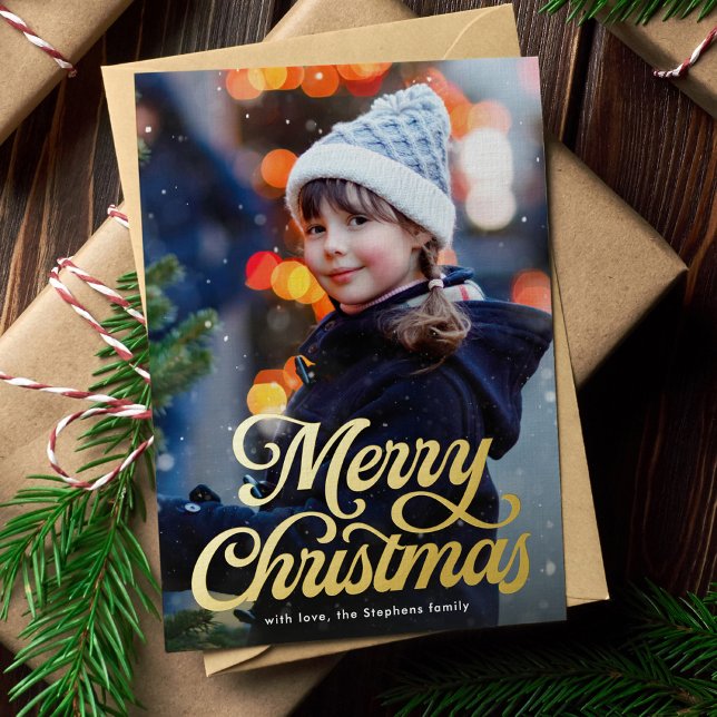 Merry Christmas retro script classic photo Foil Holiday Card (Creator Uploaded)