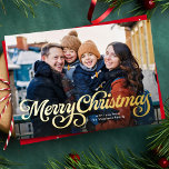 Merry Christmas retro script four photo Foil Holiday Card<br><div class="desc">Say Merry Christmas in style with this classic holiday photo card. Featuring a unique flourish retro script in gold on the front, this holiday card has room for a large family photo on the front and three photos on the back. The dotted red back also includes a place for custom...</div>