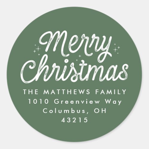 Merry Christmas retro script green return address Classic Round Sticker