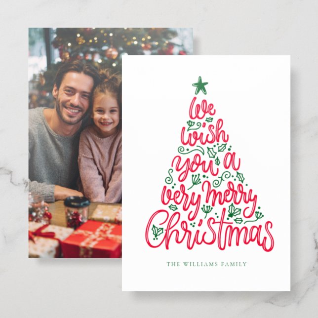 Merry Christmas Retro Script Greeting Letterpress Photo Cards (Front/Back)