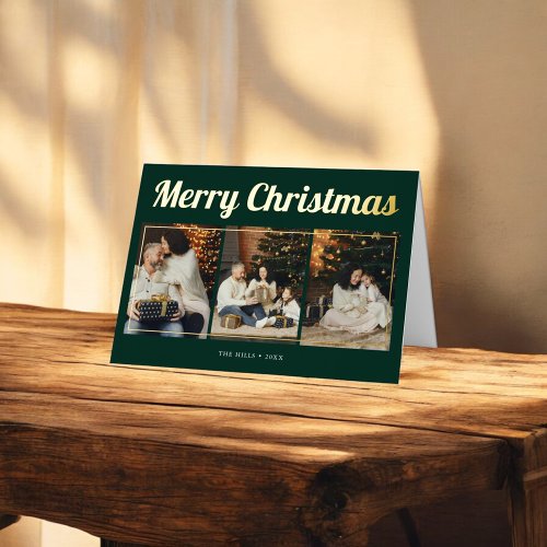 Merry Christmas Retro Script Photo Green Foil Greeting Card