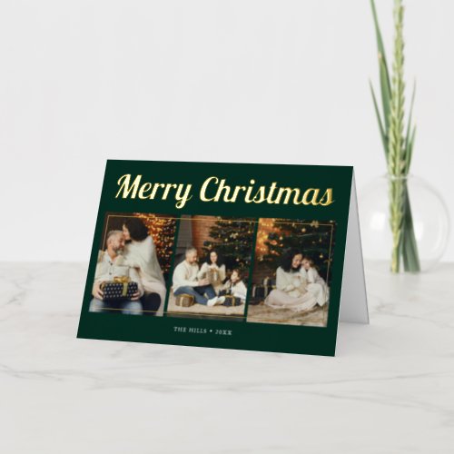 Merry Christmas Retro Script Photo Green Foil Greeting Card