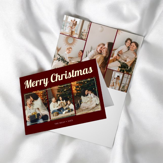 Merry Christmas Retro Script Photo Red Foil Greeting Card (Creator Uploaded)
