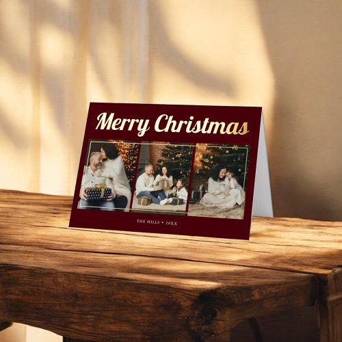 Merry Christmas Retro Script Photo Red Foil Greeting Card