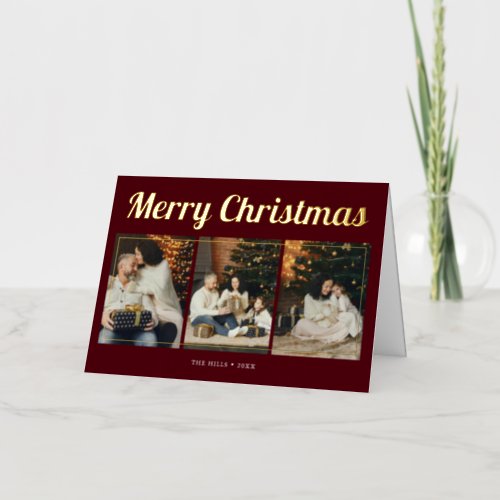 Merry Christmas Retro Script Photo Red Foil Greeting Card
