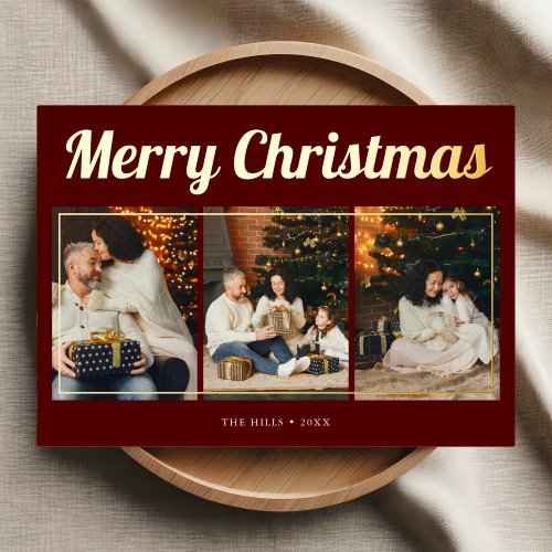 Merry Christmas Retro Script Photo Red Foil Holiday Card