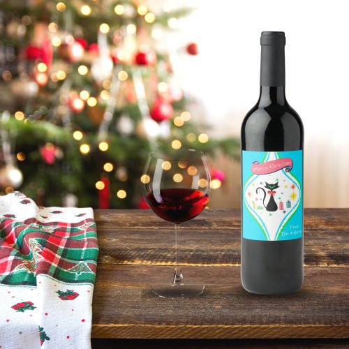 Merry Christmas Retro Siamese Cat Name Wine Label