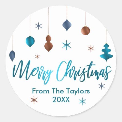 Merry Christmas Retro Teal Copper Navy Decor Classic Round Sticker