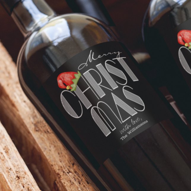 Merry Christmas Retro Typography Black Wine Label (Creator Uploaded)