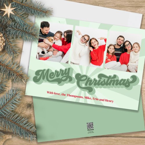 Merry Christmas Retro Typography Multi Photo Green Holiday Card