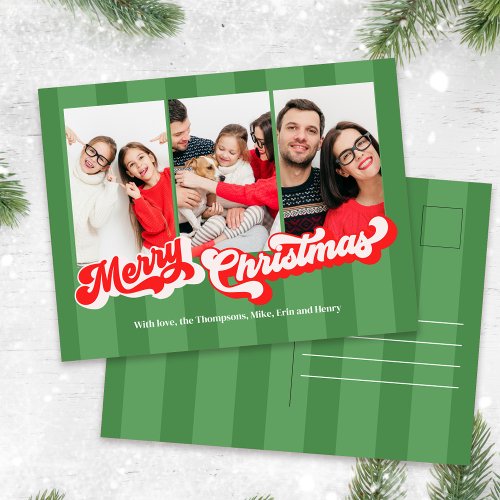 Merry Christmas Retro Typography Multi Photo  Holiday Postcard