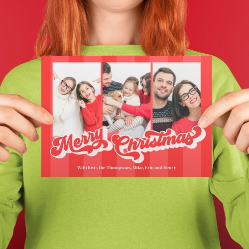 Merry Christmas Retro Typography Multi Three Photo Holiday Postcard