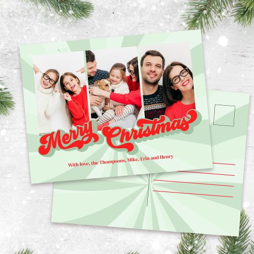 Merry Christmas Retro Typography Multi Three Photo Holiday Postcard